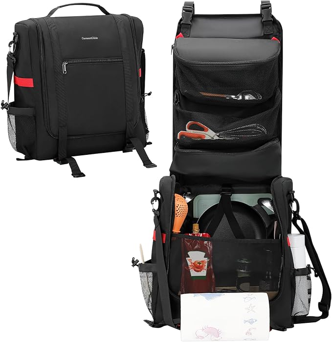Camp Kitchen Organizer, Hanging Kitchen Utensil Storage Bag for Camping | Cooking Tool Storage Caddy with Paper Towel Holder & Multi-Pockets for Car Travel, Picnics & BBQ Essentials, Gift for Campers