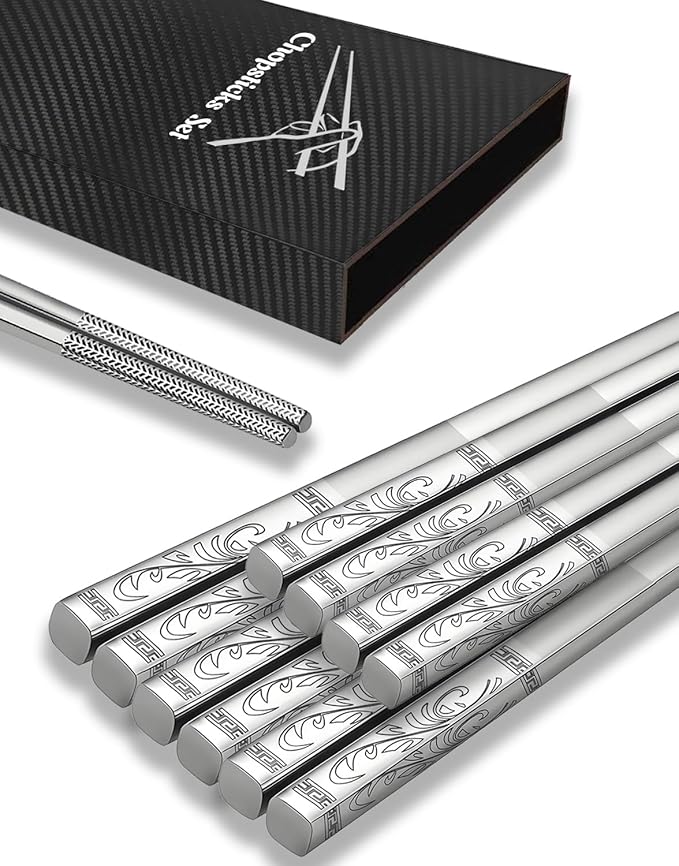 Metal Chopsticks,SUS304 Stainless Steel,5 Pairs Gift set,Reed | Dishwasher Safe,Non-Slip Grip,Good for Beginners,Come in a Gift Box,SUS304 Resistant to Rust,Square,Chop Sticks Silver,9.25''