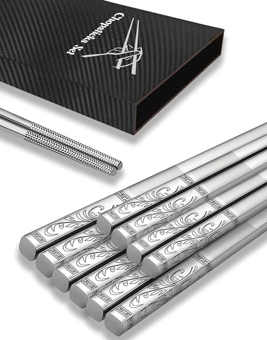 Metal Chopsticks,SUS304 Stainless Steel,5 Pairs Gift set,Reed | Dishwasher Safe,Non-Slip Grip,Good for Beginners,Come in a Gift Box,SUS304 Resistant to Rust,Square,Chop Sticks Silver,9.25''