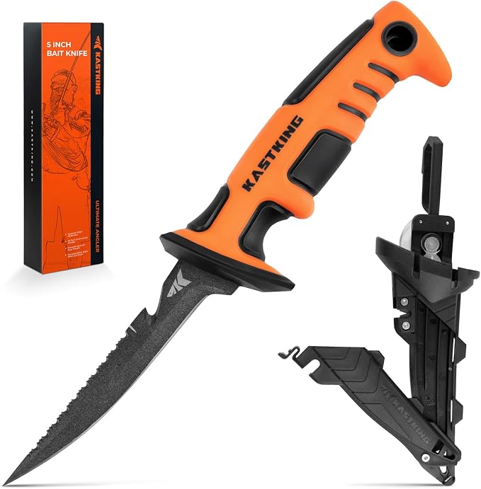 KastKing Ultimate Angler 5" Bait Knife, Fishing Knife for Men | Vanadium Stainless Steel Blade, Non-Slip Handle, Corrosion-Resistant, Dual Edge, Includes Sheath, Sharpener, Carabiner