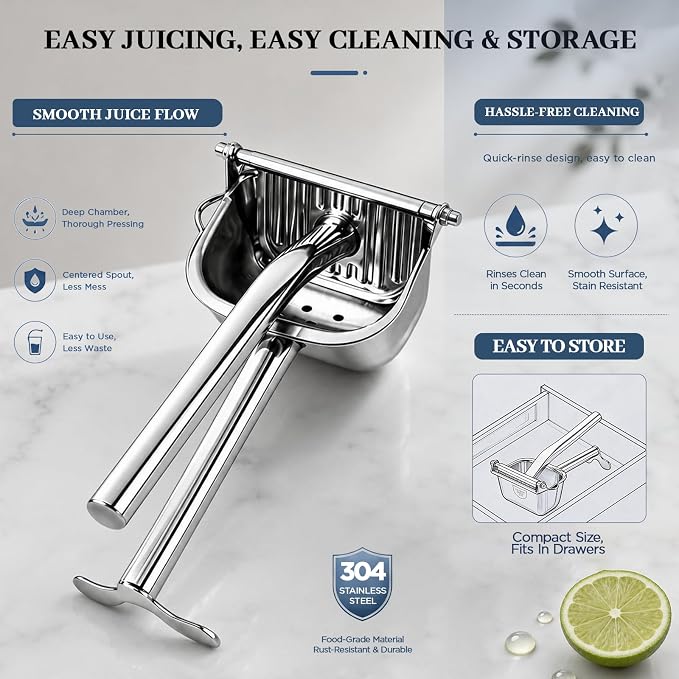 Manual Citrus Juicer – Elite 304 Stainless Steel Lemon Squeezer Heavy Duty Hand Press Juicer with Built-in Filter, Orange Juicer for Lemon, Lime, Orange, Grapefruit