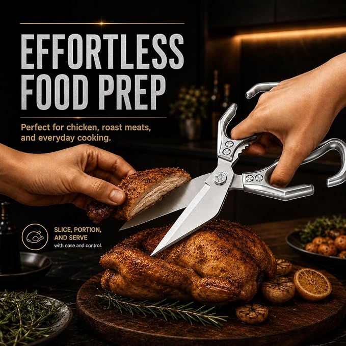 Multifunctional Heavy Duty Kitchen Shears,Kitchen Shears for Cutting Chicken,Kitchen Scissors for Food, Japanese High-Carbon Steel Culinary Poultry Shears, for Chicken,Meat,Fish,Bone Cutting(Silver)
