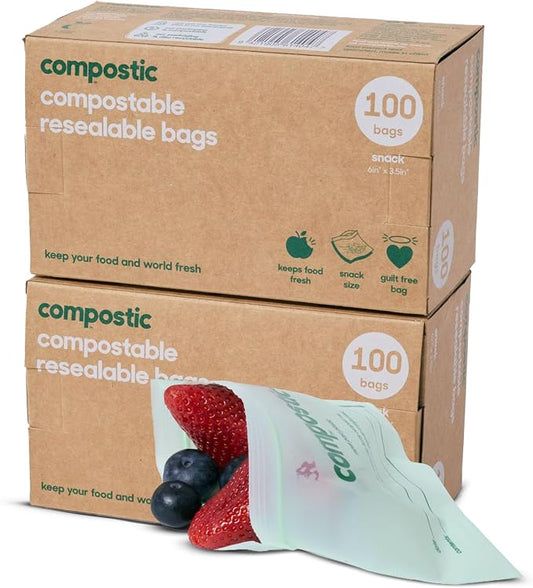 Compostic Compostable Snack Bags, Snack Size (200 Count) Bulk Pack — Resealable Zip-Seal, Plant-Based, Home Compostable, Freezer Safe, BPA-Free, Non-Toxic, GMO-Free Food Storage Bags