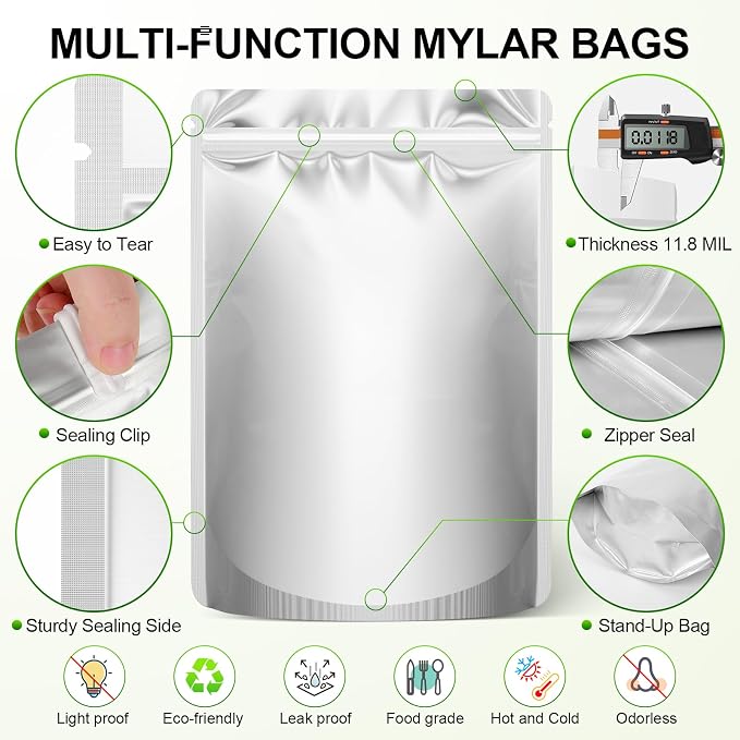5-Gallon Mylar Bags with 2500cc Oxygen Absorbers for Food Storage, 10-Pack | 11.8 Mil Heavy Duty, 17x27 inch, Fits 5-Gal Buckets, 100% Light, Odor & Moisture Barrier, Resealable, Stand-up Zipper