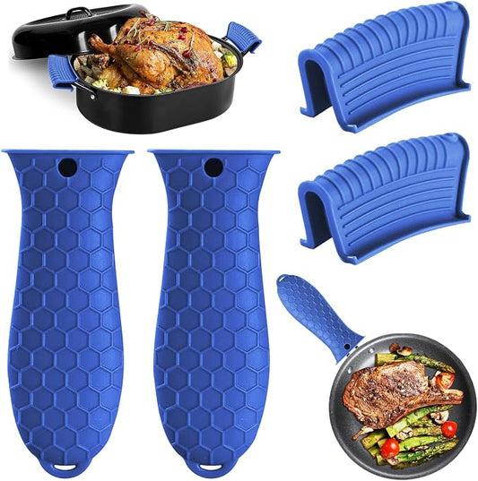4 Pack Silicone Hot Handle Holder Cover Cast Iron Handle Cover Silicone Pot Holders Heat Resistant Assist Pan Handle Sleeve Non-Slip Pot Handle Covers for Cast Iron Skillet Metal Pan(Blue)