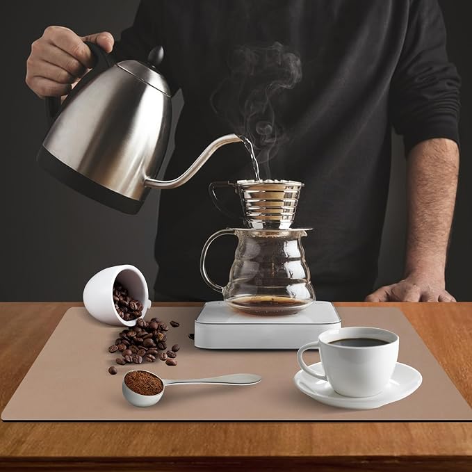ZLR Coffee Bar Mat for Keurig & Nespresso, 12"x16" Small, Brown | Absorbent Dish Drying Mat, Stain-Hiding PU Leather Top, Non-Slip Rubber Back, Heat-Resistant, Fits Frother & Pour-Over