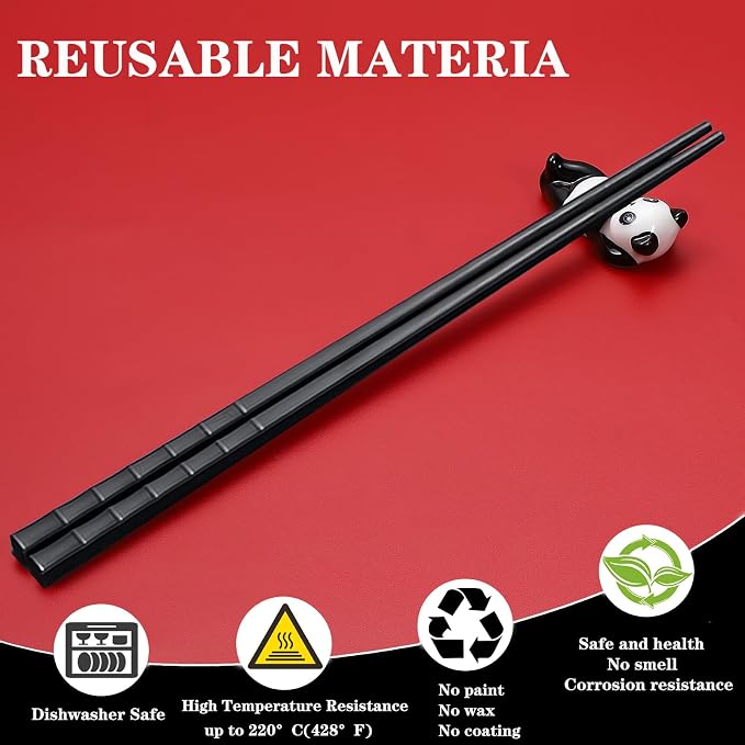 Chopsticks Gift set With Ceramic Rest Reusable Dishwasher Safe,Red Black | Cute Panda Chopsticks Holder, Anniversary Gift for Couple