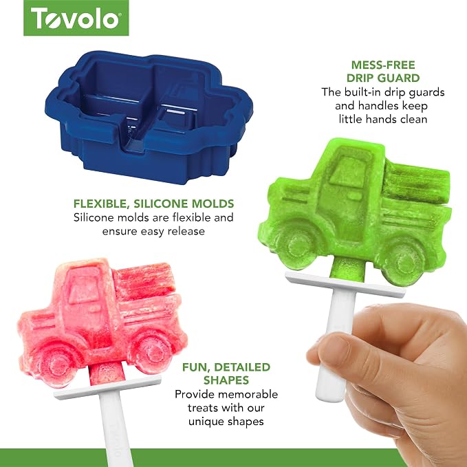 Tovolo Truck Popsicle Mold Pack of 4 Silicone Ice Pop Makers with Sticks for Kids, Stackable Construction Vehicle Shaped Frozen Treats, BPA Free Dishwasher Safe Truck Molds for Popsicles