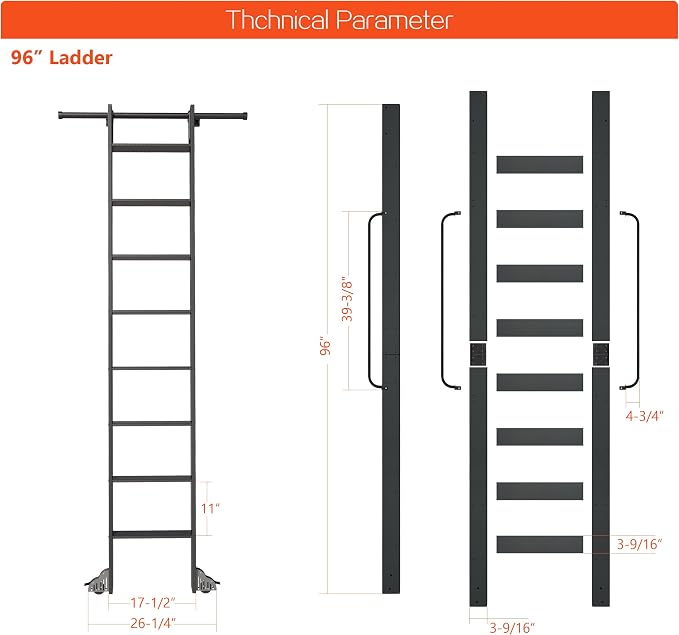 DIYHD 96" Rolling Library Ladder with Handrail, 4FT Sliding Rail, Black | 8-Step lightweight ladder with space-saving upright storage, Telescopic top hooks, Locking bottom rollers, 300lbs capacity