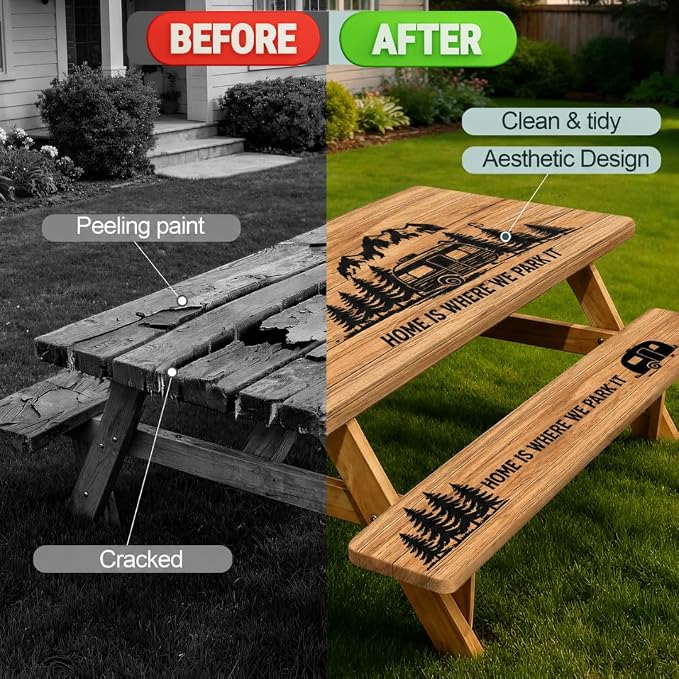 6ft Polyester Picnic Table Cover with Bench Cover Tablecloth Wooden Camping | Polyester Picnic Table Cover Windproof & Waterproof, Perfect for Camping Gifts & RV Essentials, Cool Camping Gadgets with bag