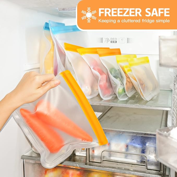 24 Pack Dishwasher Safe Reusable Silicone Bags - Leakproof Freezer Bags, BPA Free Food Storage for Lunch, Marinate, Travel - 8 Gallon, 8 Snack, 8 Sandwich Bags