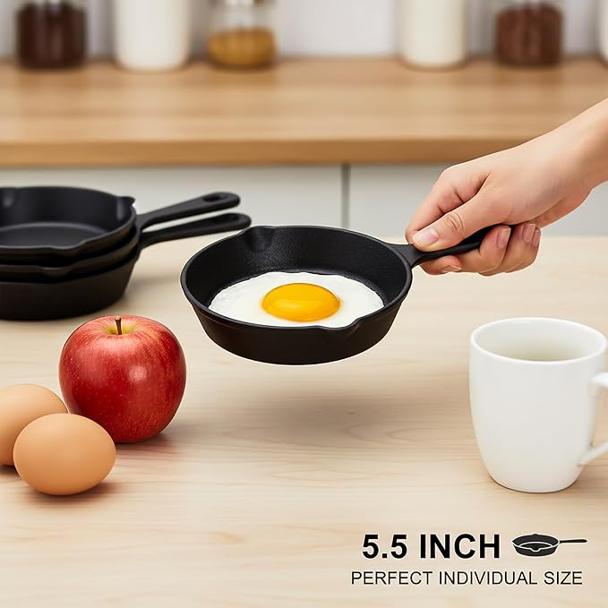 Hiceeden 4 Pack Small Cast Iron Skillet, 5-1/2 Inch Frying Pans with Double Drip-Spouts for Stove, Oven, Grill Safe, Indoor and Outdoor Use, Non-stick