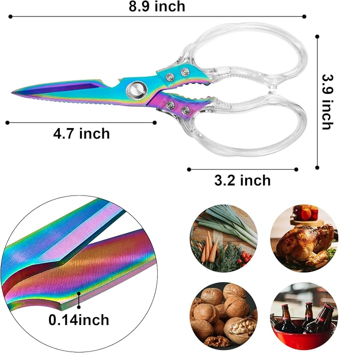 CGBE Kitchen Scissors, Multi-Purpose Kitchen Shears, Heavy Duty Food Scissors for Chicken, Poultry, Fish, Meat & Herbs with Non-Slip Grips (Transparent Colorful)