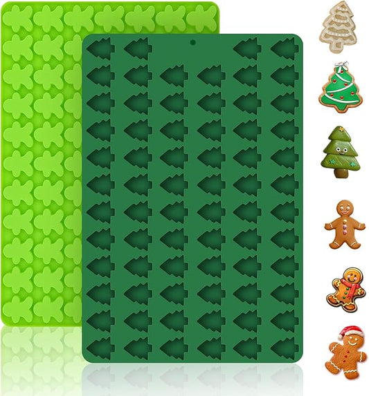2 PCS Christmas Silicone Molds, 70 Cavity Xmas Tree & 76 Cavity Gingerbread Man Mini Silicone Molds for Baking Biscuits, Gummy,Candy,Chocolate,Jelly,Pet Dog Treats Mold