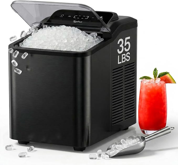 Typhur Fast Nugget Ice Maker Countertop, Chewable Pebble & Pellet Ice Machine with Self-Cleaning Pump & 8-Pack Cleaners, 35lbs/24H Crushed Ice for Kitchen, Bar, RV, Outdoor (Black Stainless Steel)