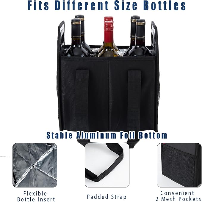 6 Bottle Wine Carrier Collapsible Reusable Portable Wine Bottle Carrier Case for Tote Bag Moving, Vacation Bottle Caddy Grocery Shopping Wine Tasting Accessory, Black