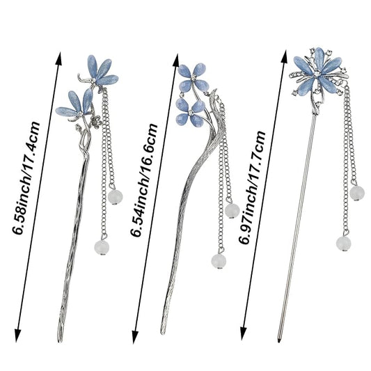 3PCS Hair Sticks for Buns Long Hair Chinese Hanfu Asian Vintage Hair Chopsticks Metal Silver