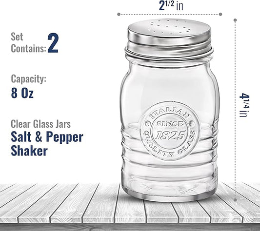 Bormioli Rocco Officina 1825 Salt And Pepper Shaker, Set Of 2, Clear, 8 Oz. Stain Resistant, Durable Glass Jars, Dishwasher Safe.