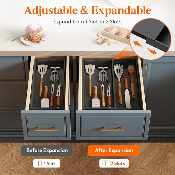 Lifewit Utensil Drawer Organizer, Expandable Cooking Silverware Tray for Kitchen Drawer, Adjustable Cutlery Flatware Holder, Plastic Spatula Tools and Gadgets Storage Divider, 2 Compartments, Black