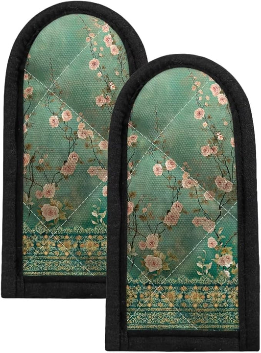 Coldinair Vintage Flower Cast Iron Skillet Handle Cover Washable Pot Handle Covers Heat Resistant Polyester Cast Iron Pan Handle Cover Flower Silicone Pot Handle Sleeve Teal