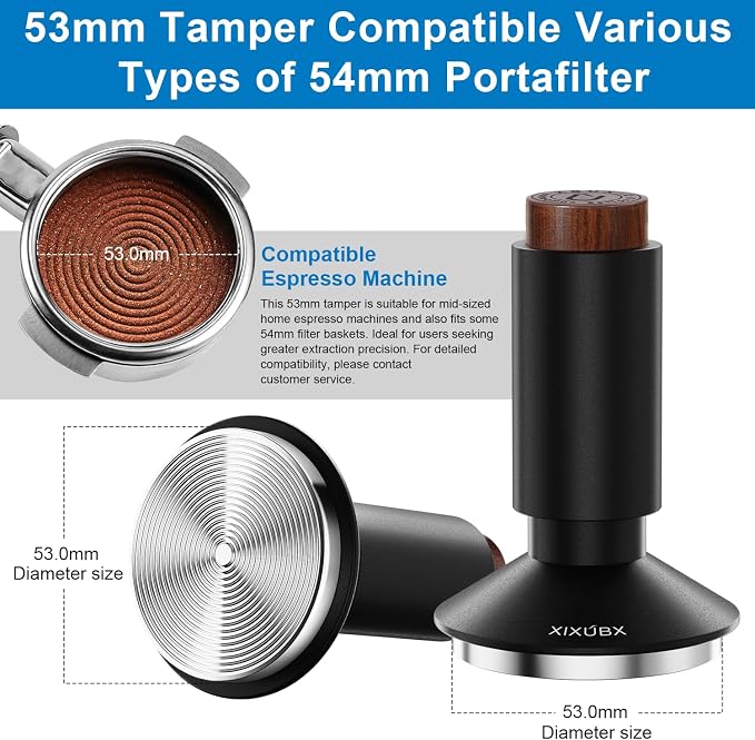 XIXUBX 2-in-1 Espresso Tamper & Magnetic WDT Tool, 53mm Spring Loaded Tamper with Anodized Aluminum Alloy Handle, Corrugated Base & Cover, Fits 53-54mm Portafilter Baskets for Espresso Machines