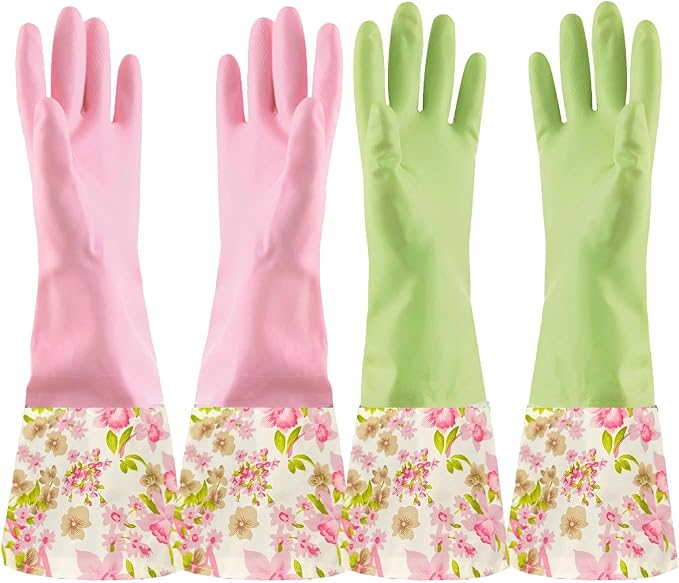 KINGFINGER Rubber Latex Waterproof Dishwashing Gloves for Kitchen,Precision Flocking Household Cleaning Gloves 2 pairs