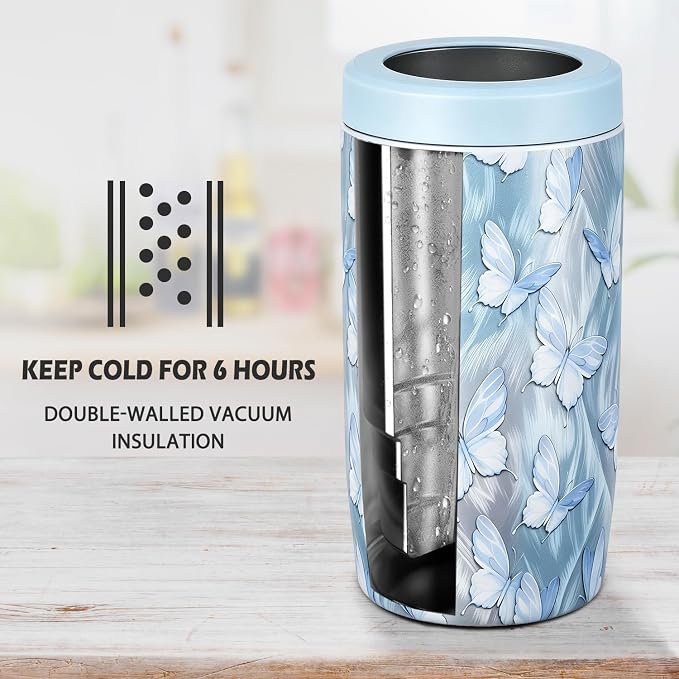 4-in-1 Slim Can Cooler Easy to Hold Insulated Beer Can Holder Double-Walled Stainless Steel for All 12 Oz Cans Blue Butterfly