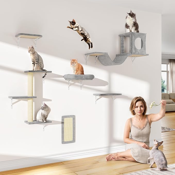 6-in-1 Cat Wall Shelves, Wall Mounted Cat Climber with Condo House, Scratching Post, Bridge Ladder, Space-Saving Indoor Play Furniture for Kittens, Grey