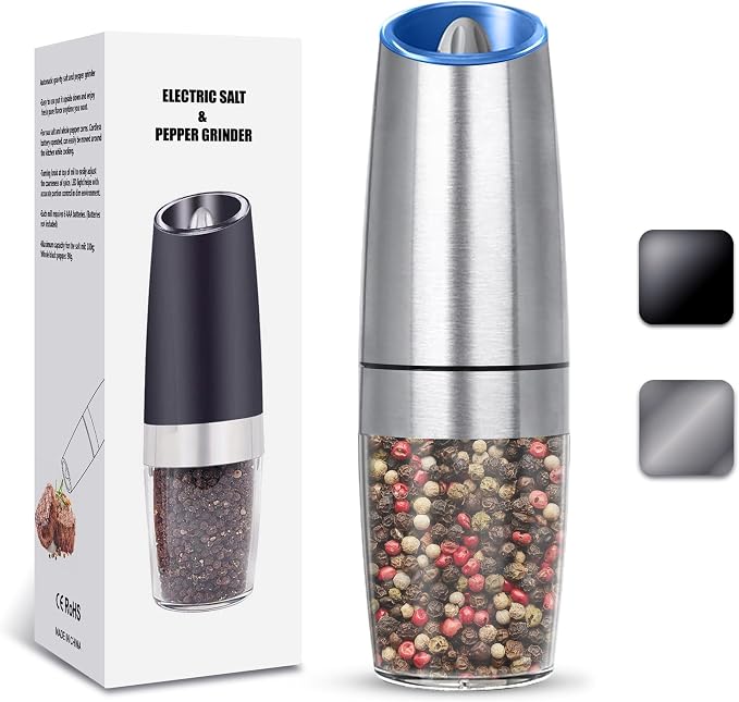 UNNEES Gravity Electric Salt and Pepper Grinder, Automatic Salt And Pepper Grinde, Adjustable Roughness, Battery Powered, LED Light, 1 Pack, (Silver)