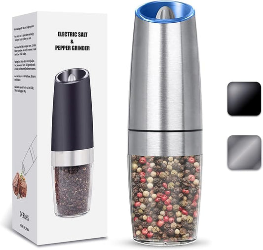 UNNEES Gravity Electric Salt and Pepper Grinder, Automatic Salt And Pepper Grinde, Adjustable Roughness, Battery Powered, LED Light, 1 Pack, (Silver)