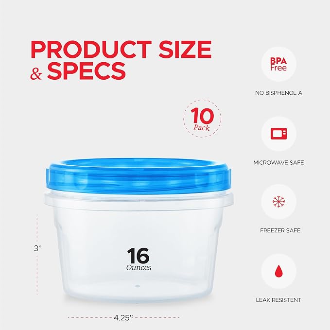 Tafura Freezer Containers, 10 Pack, 16 Oz, Leakproof BPA-Free Lids | Twist-top screw-on closures help prevent spills during storage, travel, and meal prep.