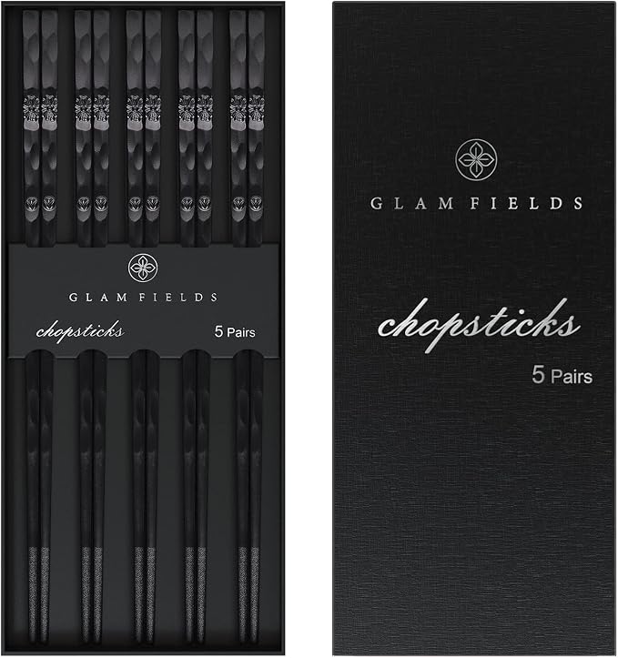 5 Pairs Japanese Fiberglass Chopsticks, GLAMFIELDS Reusable Chop sticks Dishwasher Safe, Non-slip, 9 1/2 inches - Gift Set Black