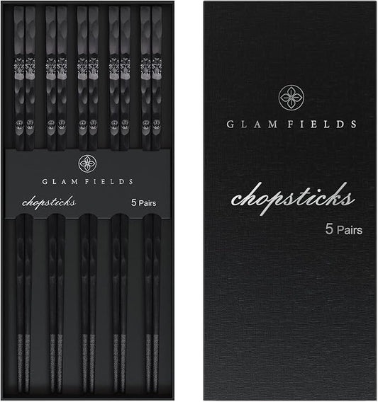 5 Pairs Japanese Fiberglass Chopsticks, GLAMFIELDS Reusable Chop sticks Dishwasher Safe, Non-slip, 9 1/2 inches - Gift Set Black