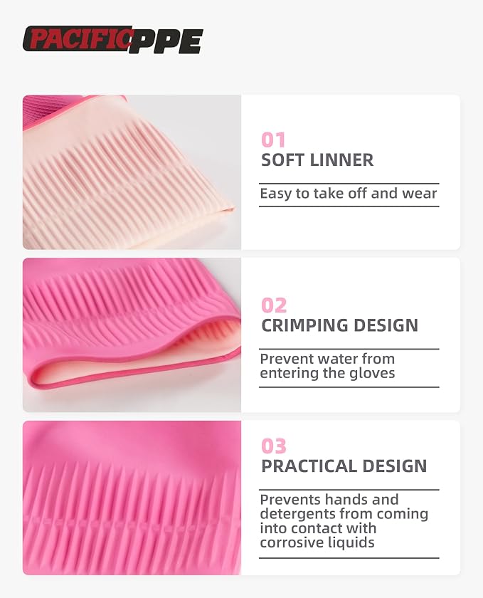 PACIFIC PPE 2 Pairs Reusable Rubber Gloves for Washing Dishes and Cleaning Tasks, Water Resistant Household Gloves for Kitchen Bathroom, Grippy Latex Dish Washing, Pink, Meidum