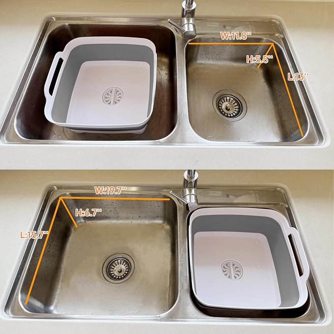 Collapsible Wash Basin with Drain Plug - 2.4 Gallon Foldable Kitchen Sink for Baby Bottles, RV Camping, Space-Saving Dish Tub (Gray-Gray)