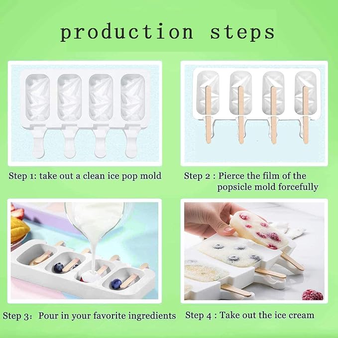 Vilihkc 2 Pack Popsicle Molds 4 Cavities Homemade Silicone Popsicle Molds for Kids Ice Pop Molds with 50 Wooden Sticks for DIY Ice Popsicle