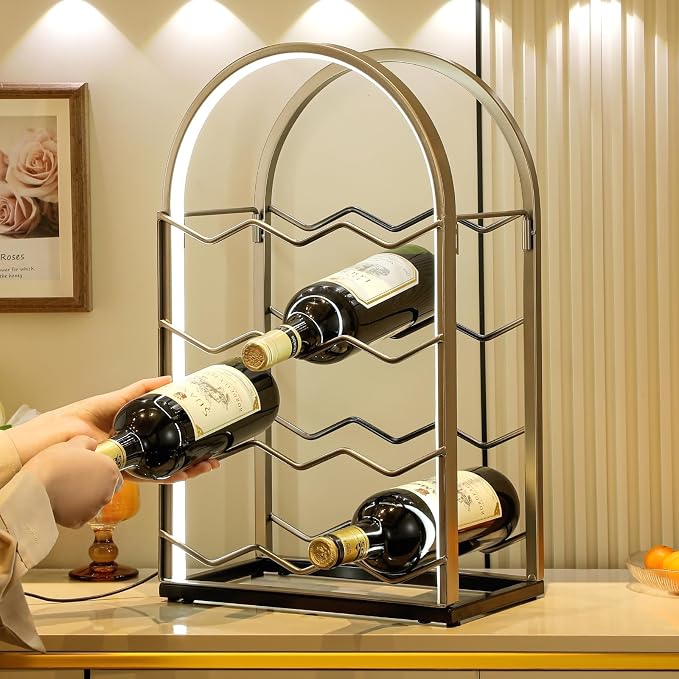 LED Countertop Wine Rack - 12 Bottle Freestanding Modern Metal Wine Rack - Tabletop Wine Holder Stand for Cabinet, Pantry, Wine Bottle Storage