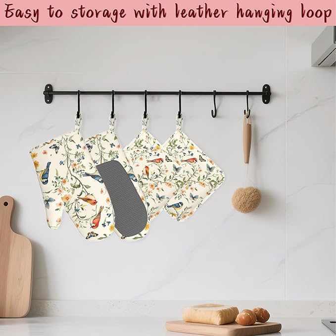 Butterfly Bird Vintage Heat-Resistant Silicone Oven Mitts and Pot Holder 4 Piece Set,Non-Slip Kitchen Oven Gloves for Baking, BBQ, Cooking,Grilling