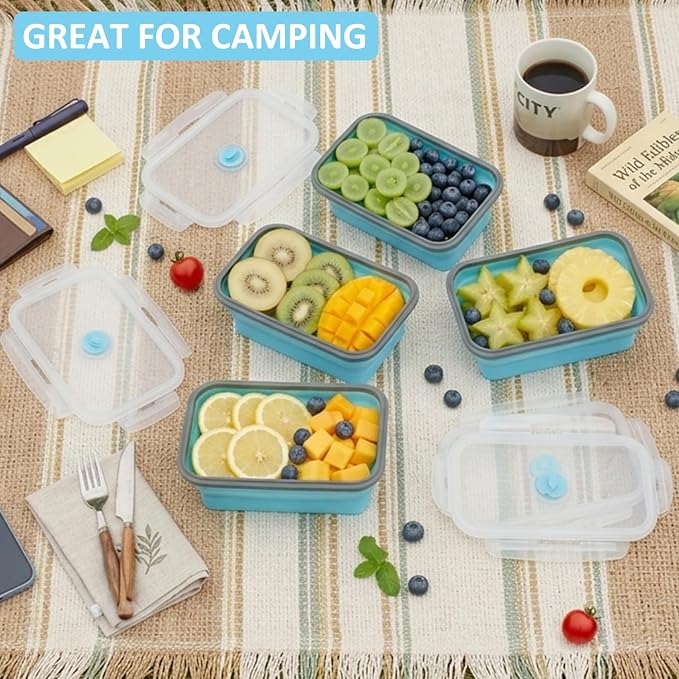 Collapsible Food Storage Containers with Airtight Lid & Vent Valve, 27 oz, Annaklin Kitchen Stacking Silicone Collapsible Meal Prep Container Set for Leftover, Microwave Freezer Safe, Blue, Set of 4