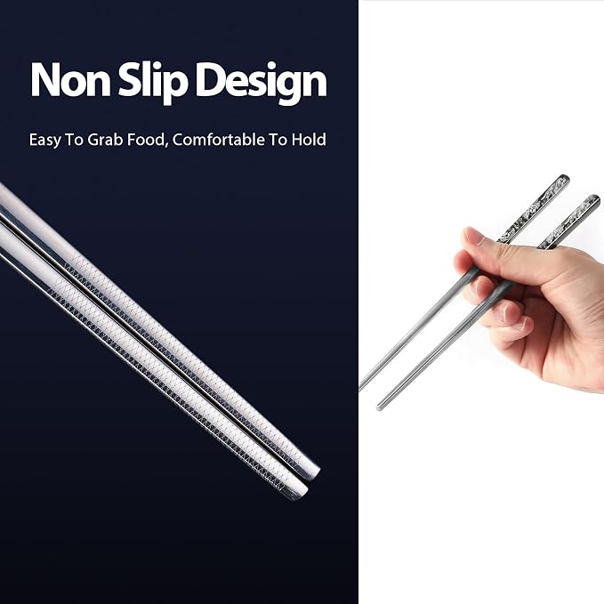 Phoenix Chopsticks Metal Reusable Designed In Korea Japanese Style Stainless Steel 316 18/10 Non-Slip Dishwasher Safe Laser Etched (Black - 5 Pairs)