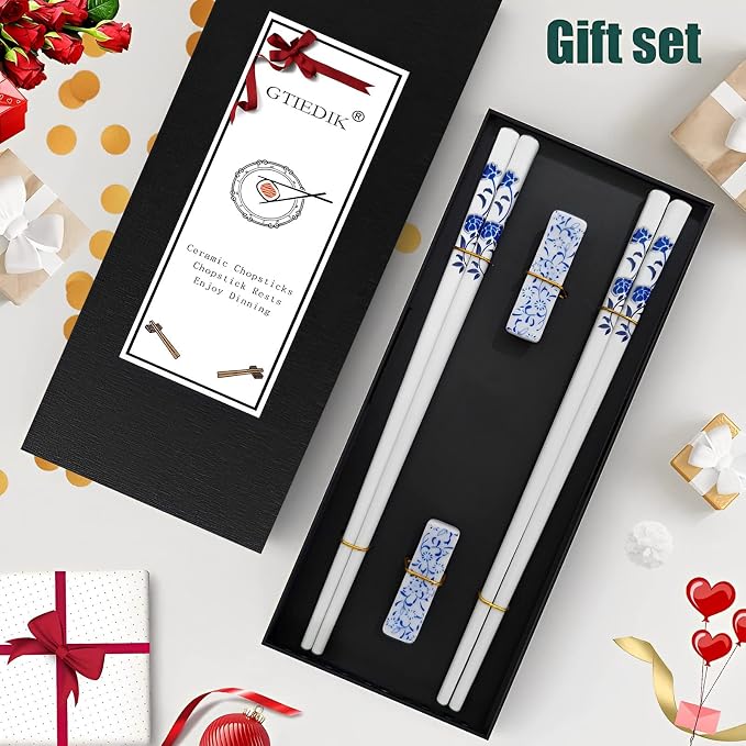 Ceramic Chopsticks Reusable with Porcelain Holder 2 Pairs Blue Rose | Delicate Box,Blue and White Porcelain,Gift set,Dishwasher Safe,Easy to clean,Cooking chopsticks