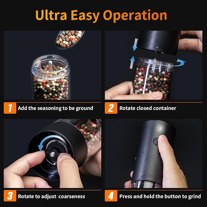 1Pc Electric Salt and Pepper Grinder USB Rechargeable with Warm LED Light, Adjustable Coarseness Lidaop Large Capacity Automatic Salt Pepper Mill Shakers for Kitchen, Restaurant, Outdoor, Black
