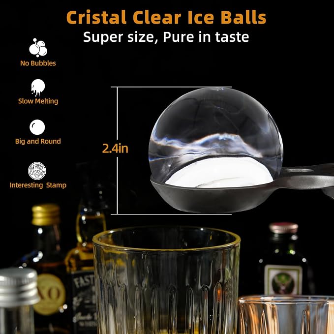 Clear Ice Ball Maker,Four Large 2.4" Crystal Clear Ice Balls for Whiskey, Cocktails, Bourbon,4-Cavity BPA-Free Silicone Easy Remove Ice Sphere Molds with Storage Bag,Stamp