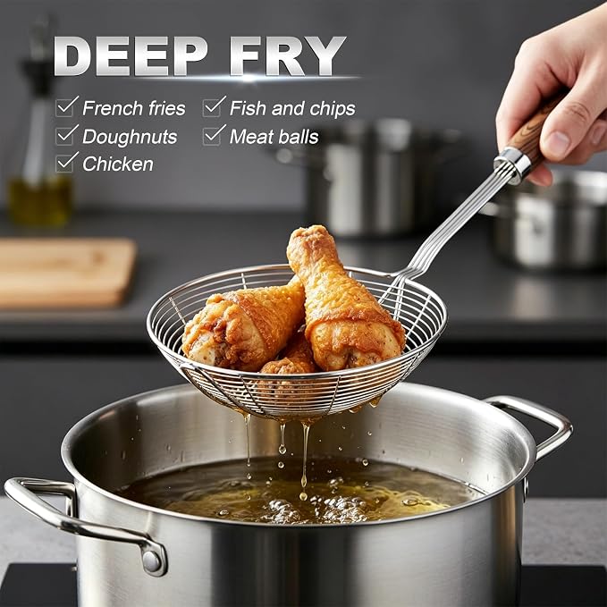 IQCWOOD Spider Strainer Skimmer Spoon Stainless Steel, 6.3" | Stainless Steel Fryer Scoop for Deep Frying, Pasta and Vegetable, Kitchen Utensil Wire Strainer Ladle Dishwasher Safe