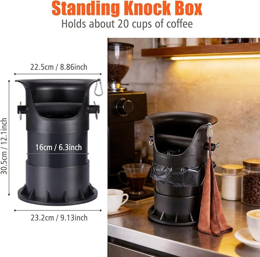 Coffee Knock Box Set with Cleaning Cloth, Brush & 50 Garbage Bags - 10.8×10.8×15.7in Countertop Coffee Waste Container for Home Baristas