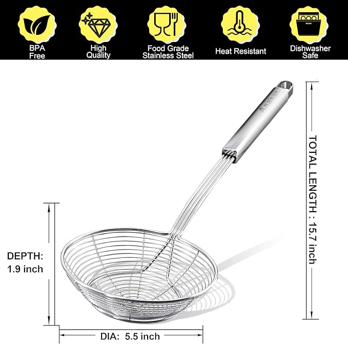 Anaeat Stainless Steel Spider Strainer Skimmer - Solid Kitchen Strainer Ladle with Long Handle for Cooking and Frying, Reinforced Double Coil Slotted Spoons for Pasta, Noodle, Spaghetti (5.5 Inch)