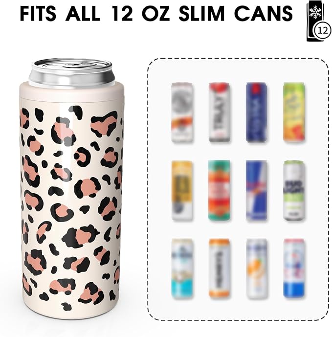 TILUCK Skinny Can Cooler, Stainless Steel Insulated Slim Cans, 12 oz | Beer & Hard Seltzer, Doucle-Walled Stainless Steel Insulated Slim Cans, Slim 12 oz(Leopard Print)