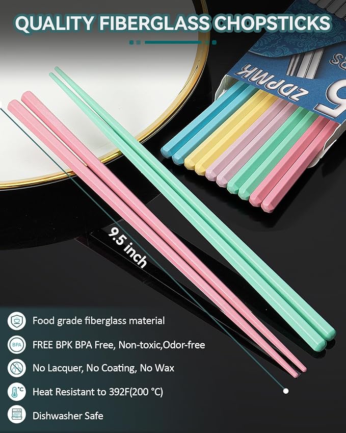 ZDPMK Fiberglass Chopsticks, 5 Pairs Reusable Chopsticks Dishwasher Safe, Japanese Chinese korean Chop sticks Set, Plastic Chop sticks Reusable for Beginners Adults, 9.5 inch Non-Slip Chop sticks
