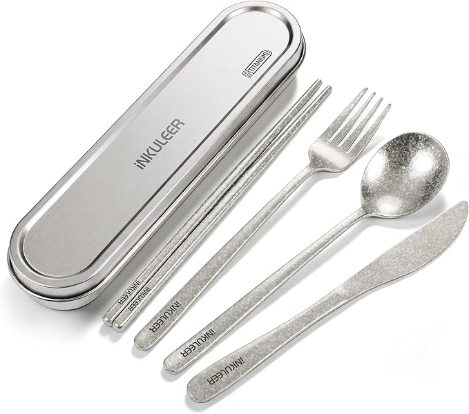 iNKULEER 100% Pure Titanium Travel Cutlery Set | Reusable Utensils with Metal Case | Portable Silverware for Camping, Office, Travel & Outdoor Dining