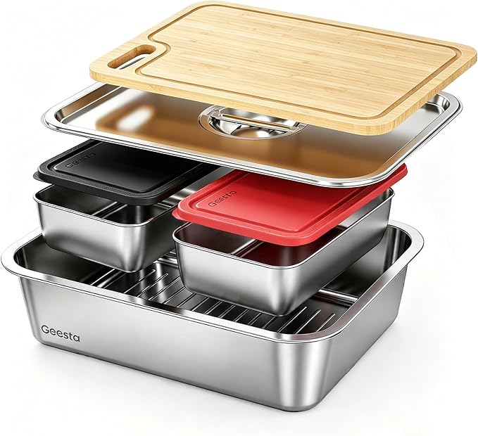 Geesta 5-in-1 Grilling Prep & Serve Tays, Grill Carry System, Stainless Steel BBQ Serving Platter, Marinating Container with Lid & Cutting Board, Outdoor Cooking Grill Accessories, Grilling Gift